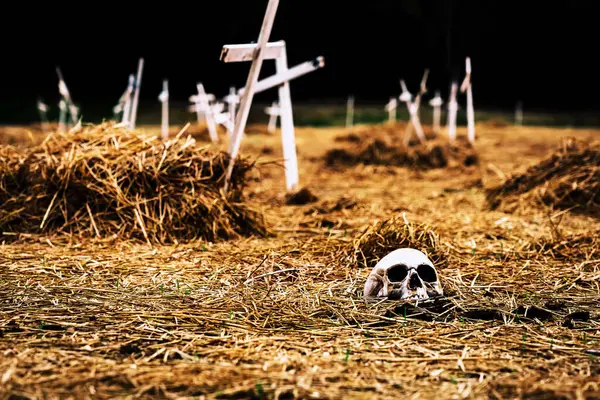 stock image Skull and crucifix crosses symbolizing the death on graveyard decorate to celebrate Halloween holiday. Magic ritual. Wicca, esoteric and occult background. Skull and Cross in cemetery or tombstone.