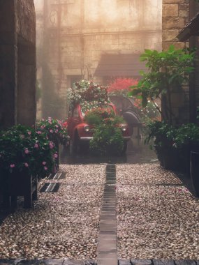 Yeşil yapraklı taze ve güzel renkli çiçekler yağmurlu bir günde klasik klasik araba ile süslenir ve caddelerde güzel bir turizm simgesi olan eski binalarla çevrili yağmur damlaları bulunur. Düğün arabası..