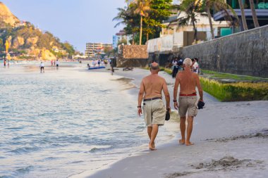 Son sınıf arkadaşlarının yazın plajın tadını çıkarışının arka görüntüsü. Neşeli bir arkadaş grubu ya da aile birlikte yaz tatilinin tadını çıkarıyor.