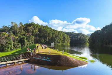 MAE HONG SON, THAILAND-ARALIK 30. 2024: Pang Oung Gölü 'nün güzel doğa gölü ve ormanı ve çevre dostu açık hava aktiviteleri için çam ormanı ve Pang Tong rezervuarında kamp.