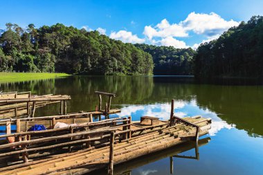 Pang Oung Gölü 'nün ve Tayland' ın Mae Hong Oğlu 'ndaki çam ormanının güzel doğa gölü ve ormanı. Doğa manzarası. Çevre dostu açık hava aktivitesi ve vadiyle çevrili kamp..