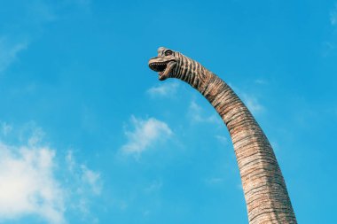 Oyuncak dinozor kafası. Dinozor kafası gökyüzü arka planında. Mavi gökyüzüne karşı bir dinozor kafası heykeli. Mavi gökyüzü arka planına sahip Brachiosaurus. Orman gökyüzünde uzun boyunlu bir brachiosaurus kafası.