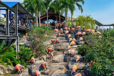 PATTAYA, THAILAND-Aralık 30. 2018: Nong Nooch Tropik Botanik Bahçesi 'nde güzel renkli ve sürrealist heykeller veya domuz heykelleri veya domuz dinazorları süslemesi. Turist eğlencesi.