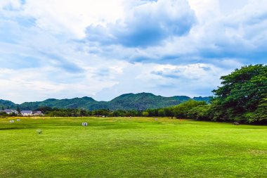 Golf sahası manzarası çimenli yamaçlar, doğal çitleri ve dağı olan uzaklık işaretleri. Mesafe işaretlerini gösteren atış poligonu. Golf ve golf sahasında bahçe işaretleri.