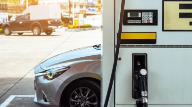 Benzin istasyonunda yakıt ikmali için yakıt hortumu. Benzin istasyonunda arabaya yakıt doldurun. Hortum pompası, petrol yakıtı. Yakıt pompası. Yakıt ve İşletme Enerji Konsepti.