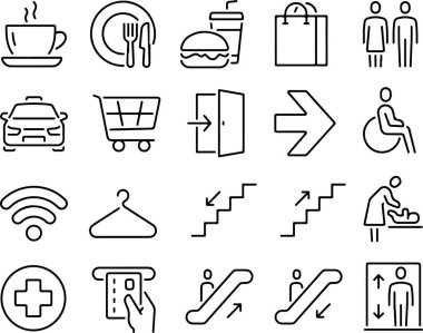 Alışveriş merkezinin simge seti yemek salonu merdivenleri kablosuz ödeme asansörünün tuvaletini park ediyor. Beyaz ve şeffaf arkaplanda izole edilmiş ince çizgi simgeleri düz vektör çizimleri