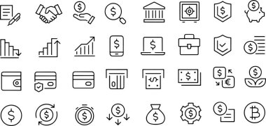 Piksel mükemmel simge seti ABD Doları tabanlı finans, tasarruf, banka, para, cüzdan, nakit, çizelge, çevrimiçi bankacılık, yatırım. İnce çizgi simgeleri, düz vektör çizimleri, beyaz arkaplanda izole edilmiş.