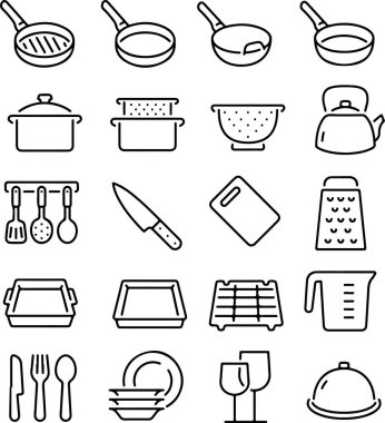 Piksel mükemmel mutfak ikonu seti ve tencere, süzgeç, çaydanlık, kesme tahtası, rende, tabak, cam, çatal, bıçak ve kaşık gibi yemek aletleri. İnce çizgi simgeleri, düz vektör çizimleri