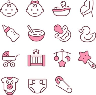 Bebek bakımı, emzik, bebek arabası, beden giysisi, yemek, bebek bezi, oyuncak gibi konularla ilgili mükemmel pembe simge seti. İnce çizgi simgeleri, düz vektör çizimleri, beyaz üzerinde izole edilmiş, şeffaf arkaplan