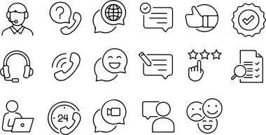 Piksel mükemmel simge seti müşteri destek hattı, müşteri geri bildirimi ve müşteri memnuniyeti hakkında. İnce çizgi simgeleri, düz vektör çizimleri, beyaz üzerinde izole edilmiş, şeffaf arkaplan