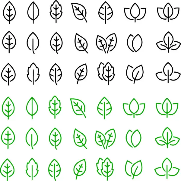 Pixel Perfect Icon Set Leaves Plants Green Black Colors Thin — Stock Vector