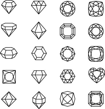 Piksel mükemmel elmas, mücevher seti, farklı elmas kesikleri. Basit ince çizgi simgeleri, düz vektör çizimleri. Beyaz, şeffaf arkaplanda izole