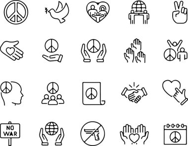Piksel mükemmel barış ikonu, ahlak, savaş yok, özgürlük, uyum, barış günü, güvercin. Beyaz şeffaf arkaplanda izole edilmiş ince çizgi simgeleri düz vektör çizimleri