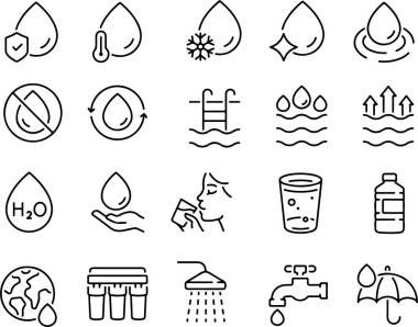 Piksel mükemmel bir ikon seti. Su nemli havuz şişesi. Deniz suyu yüzme banyosu. Şeffaf arkaplanda izole edilmiş ince çizgi simgeleri düz vektör çizimleri