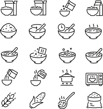 Piksel mükemmel ikon kahvaltı gevreği seti. Beyaz şeffaf arkaplanda izole edilmiş ince çizgi simgeleri düz vektör çizimleri