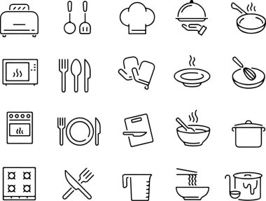 Piksel mükemmel yemek pişirme aletleri seti. Bıçak, satır, makas, mandolin, soyucu, kase, çırpı, spatula, maşa, kepçe, kevgir, zamanlayıcı. İnce çizgi simgeleri düz vektör çizimleri