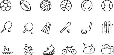 Futbol, futbol, voleybol, golf, kayak, boks tenisi gibi sporların ikonu. Beyaz şeffaf arkaplanda izole edilmiş ince çizgi simgeleri düz vektör çizimleri