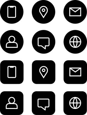 Piksel mükemmel iletişim mobil telefon konuşma baloncuğu sohbet posta konumu ikonu seti. Beyaz şeffaf arkaplanda izole edilmiş ince çizgi simgeleri düz vektör çizimleri