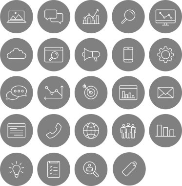 SEO hedef geliştirme web sitesinin yuvarlak daireli gri düğme simgesi. İnce çizgi simgeleri, düz vektör çizimleri, şeffaf arkaplanda izole edilmiş.
