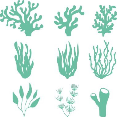 Piksel mükemmel yeşil deniz mercanı seti. Simgeler, düz vektör çizimleri, şeffaf arkaplanda izole edilmiş