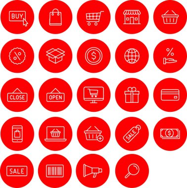 Yuvarlak daire kırmızı düğme ikonu alışveriş mağazası dijital pazarlama e-ticaret banka kartı hediyeleri. İnce çizgi simgeleri, düz vektör çizimleri, şeffaf arkaplanda izole edilmiş.