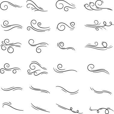 Hava dalgaları, hava dalgaları, hava dalgaları, girdaplar, el çizgileri çiziyor. Düz vektör çizimleri, şeffaf arkaplan üzerinde izole