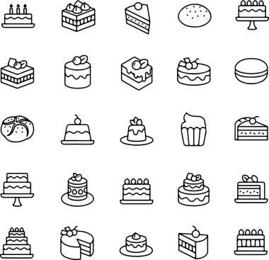 Piksel mükemmel ikon tatlı, pasta, pasta, kutlama pastası, doğum günü pastası. İnce çizgi simgeleri, düz vektör çizimleri, şeffaf arkaplanda izole edilmiş.