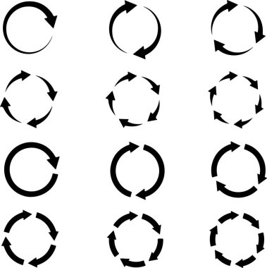 Dönen okların simgesi. Geri dönüşümlü ürün ekolojik çevre dostu için dairesel yuvarlak simgeler. Şeffaf arkaplanda izole edilmiş ince çizgi simgeleri düz vektör çizimleri