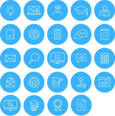 Yuvarlak daire mavi düğme ikonu. Eğitim okulu ders kitabı öğrenme seti. İnce çizgi simgeleri, düz vektör çizimleri, şeffaf arkaplanda izole edilmiş.