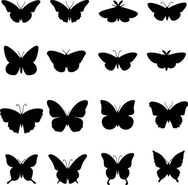 Uçan kelebek siluetlerinden oluşan mükemmel ikon seti böcekleri şablonluyor. Kanatlı egzotik bir hayvan. Düz vektör çizimleri şeffaf arkaplanda izole edildi