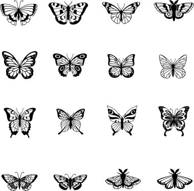 Uçan kelebek siluetlerinden oluşan mükemmel ikon seti böcekleri şablonluyor. Kanatlı egzotik bir hayvan. Düz vektör çizimleri şeffaf arkaplanda izole edildi