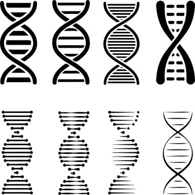 Piksel mükemmel DNA kromozomu seti. Basit ince çizgi simgeleri düz vektör çizimleri. Beyaz şeffaf arka planda izole edilmiş. Biyoloji bilim molekülü tıp biyoteknoloji proteini kavramı
