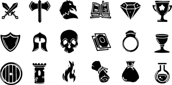 Pixel perfect icon set of RPG game UI kit health heal sign dungeon dragon skill award knight sword potion warrior weapon. Flat icons vector illustrations isolated on transparent background