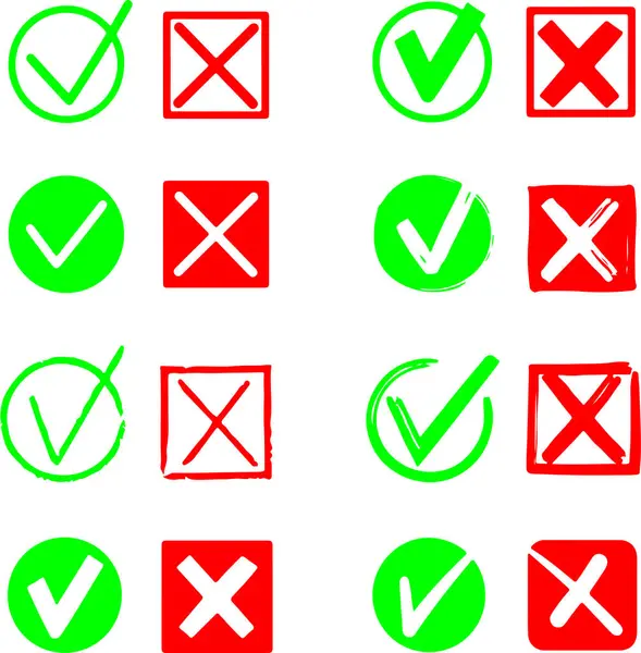 Yeşil işaretli simge ve yanlış işaretler. Düz vektör çizimleri şeffaf arkaplanda izole edildi