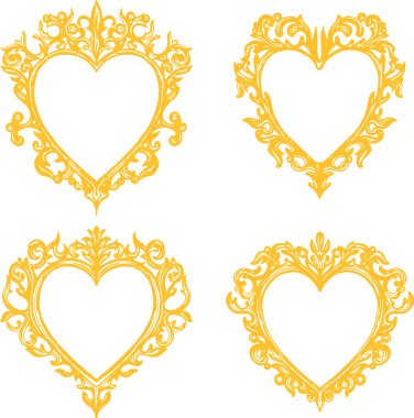 Piksel mükemmel ikon seti, kalp şeklinde altın sarısı klasik çerçeve. İnce çizgi simgeleri, düz vektör çizimleri, şeffaf arkaplanda izole edilmiş.