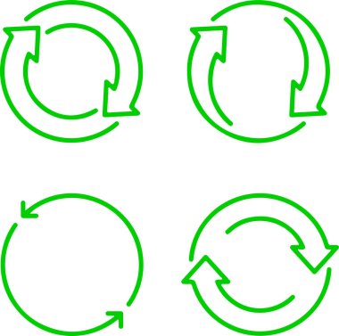 Geri dönüşüm, geri dönüştürülmüş ürün yeşil çevre ekolojisi, çevre sorunları çevre dostu ikonu. Beyaz şeffaf arkaplanda izole edilmiş ince çizgi simgeleri düz vektör çizimleri