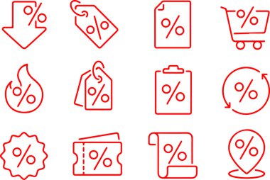 Piksel mükemmel satış, indirim, fiyat indirimi, büyük satışlar, fiyat teklifi. İnce çizgi simgeleri, düz vektör çizimleri, şeffaf arkaplanda izole edilmiş.