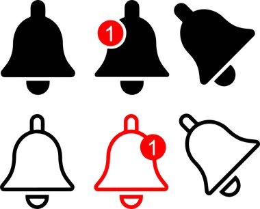 Zil, uyarı zilleri, mesaj uyarıcısı ve alarm hakkında piksel mükemmel simgesi sette. Siyah ve kırmızı renkler. İnce çizgi simgeleri, düz vektör çizimleri. Beyaz, şeffaf arkaplanda izole