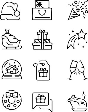 Piksel mükemmel Noel, kutlama, parti, kutlama, dans, müzik, tebrikler, dekorasyon, dekorasyon, süs. İnce çizgi simgeleri, vektör çizimleri. Şeffaf arkaplanda izole