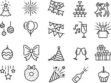 Piksel mükemmel Noel, kutlama, parti, kutlama, dans, müzik, tebrikler, dekorasyon, dekorasyon, süs. İnce çizgi simgeleri, vektör çizimleri. Şeffaf arkaplanda izole