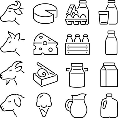Süt ve süt ürünlerinin ikonu. Tereyağı, krema, ekşi, kefir, peynir, yoğurt. Basit ince çizgi simgeleri, düz vektör çizimleri. Beyaz, şeffaf arkaplanda izole