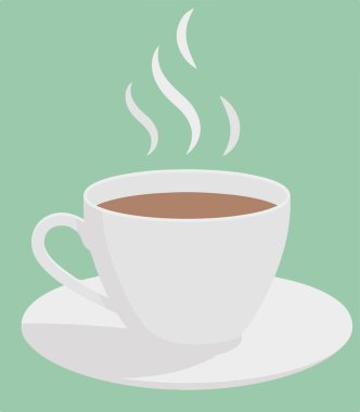 Piksel mükemmel ikon vektör illüstrasyonu. Sıcak kahve, çay, yeşil arka planda izole edilmiş sıcak buhar efektli içecekler.