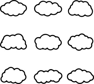 İnce çizgi simgesi bulutlar konuşma baloncukları çeşitli şekillerde. İnce çizgi simgeleri, düz vektör çizimleri. Beyaz, şeffaf arkaplanda izole