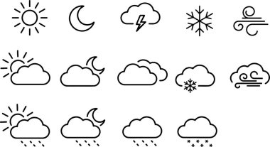 Piksel hava durumu tahminleri için mükemmel ikon seti. Güneş bulutu kar fırtınası ayı. Beyaz şeffaf arkaplanda izole edilmiş ince çizgi simgeleri düz vektör çizimleri