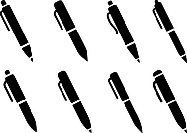 Piksel mükemmel simge seti farklı kalem, kalem. İnce çizgi simgeleri, düz vektör çizimleri. Beyaz, şeffaf arkaplanda izole