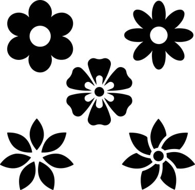 Çiçeklerin ikon seti çiçek bahçeli gül yaprağı papatya yoncası süslü çiçek zambağı. Beyaz ve şeffaf arkaplanda izole edilmiş düz vektör resimlerine sahip simgeler