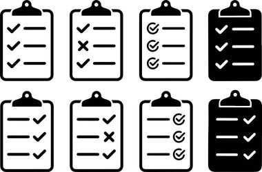 Yapılacaklar listesi, yapılacaklar listesi, kontrol listesi. İnce çizgi simgeleri, düz vektör çizimleri. Beyaz, şeffaf arkaplanda izole