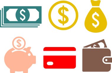 Icon para, iş, dolar, finans, yatırım, başarı, ekonomi, para, bankacılık, finans. Beyaz şeffaf arkaplanda izole edilmiş düz vektör çizimleri simgeleri