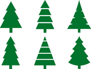 Yeni yıl için çeşitli şekillerde ikon yeşili ağaçlar. Orman, doğa, ağaç konsepti. Basit simgeler, düz vektör çizimleri. Beyaz, şeffaf arkaplanda izole