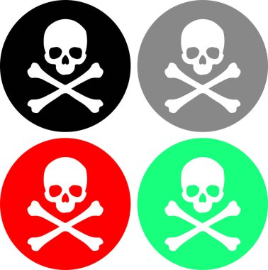 Kafatası simgesi daire içine alındı. Ünlem tehlikesi uyarı işareti simgesi ayarlandı. Basit düz vektör çizimi. Beyaz ya da şeffaf arkaplanda izole.